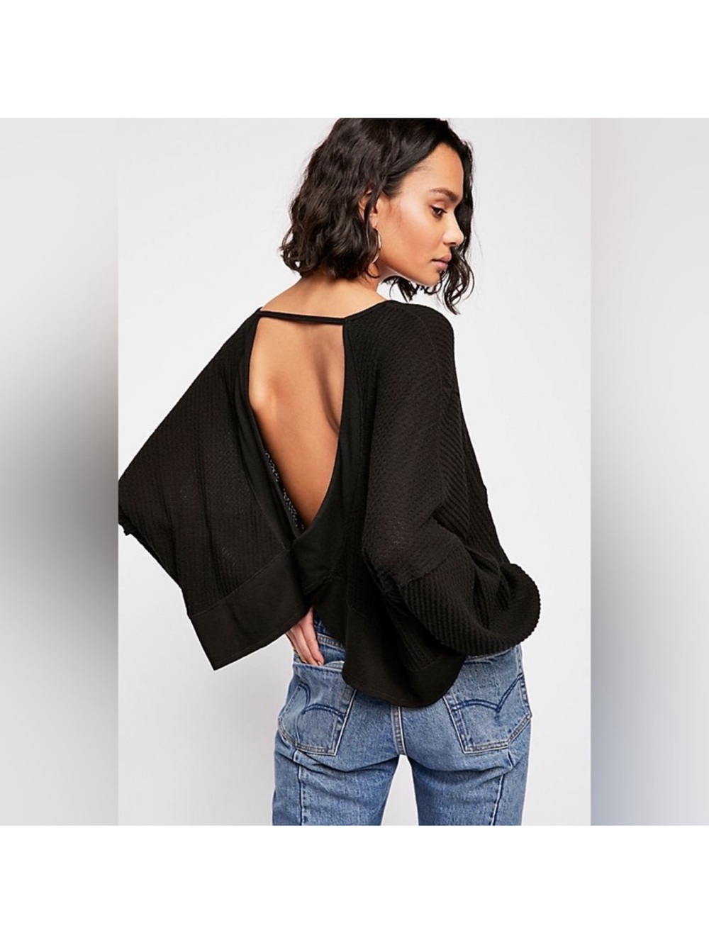 Free People Love Me Thermal / Waffle Knit Open Back Top Black Small